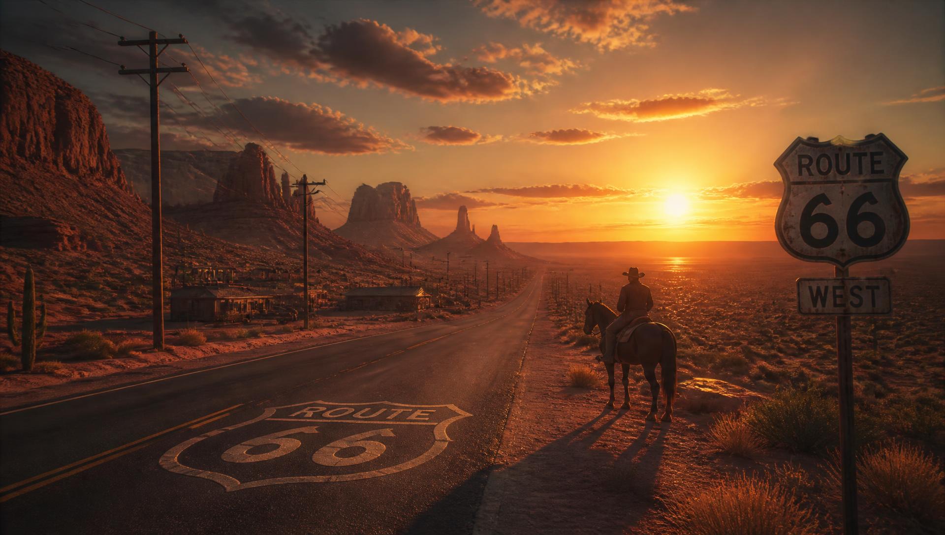 A lone rider watching the sunset beside a Route 66 highway sign in the desert